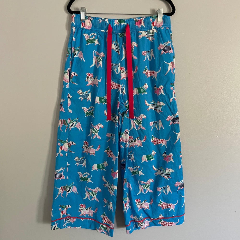 Mersea Pajama Pants Womens Small Blue Holiday Dog Print Cotton Lounge Festive